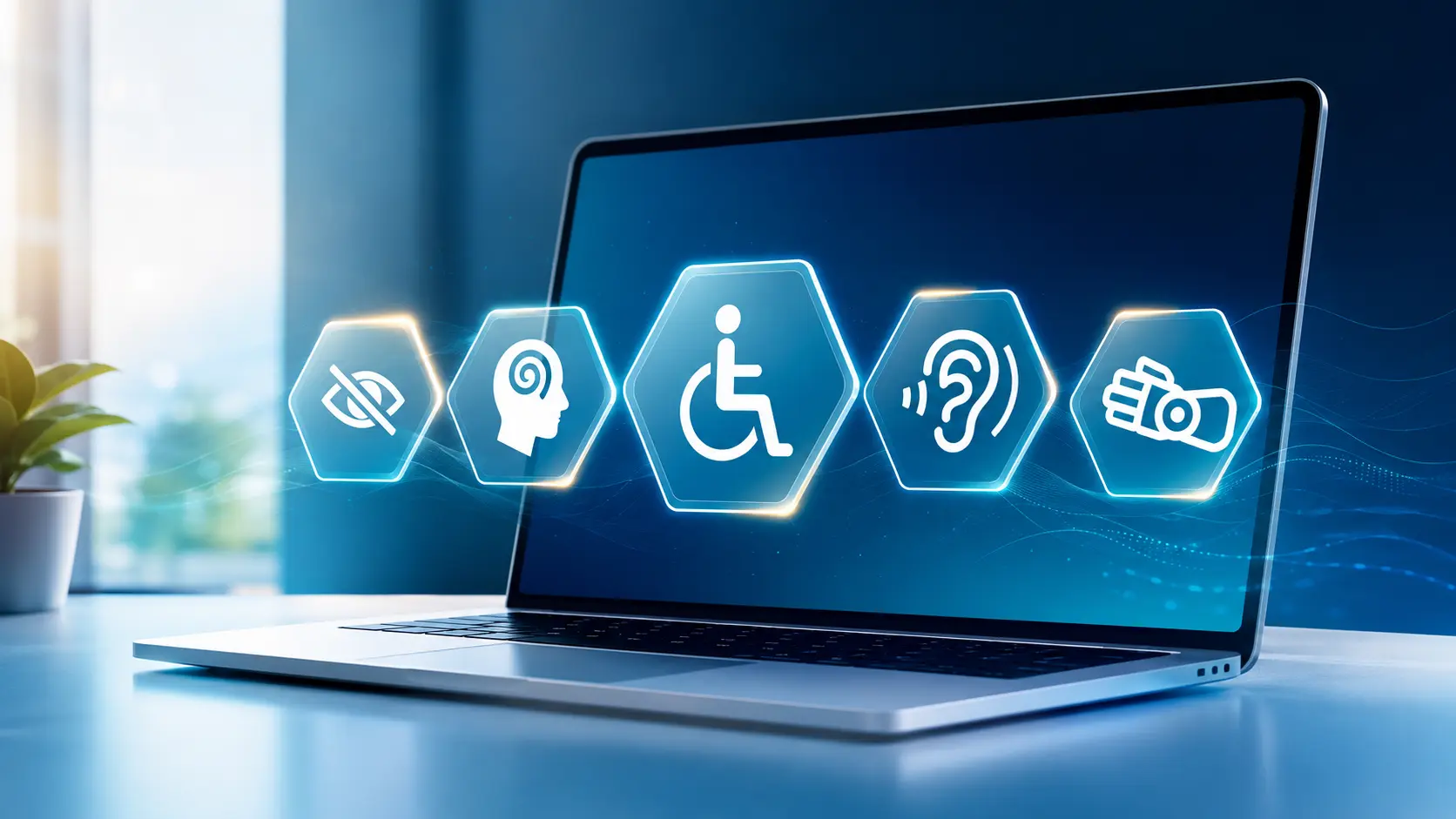 A modern laptop displaying clear visual, cognitive, mobility, hearing, and assistive-technology symbols
