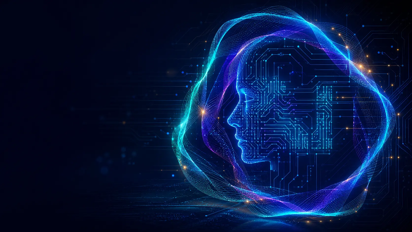 An abstract artificial-intelligence profile formed from circuits and flowing data ribbons