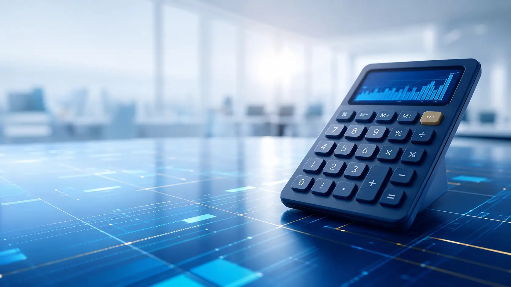 A modern calculator with financial analytics in a bright professional workspace
