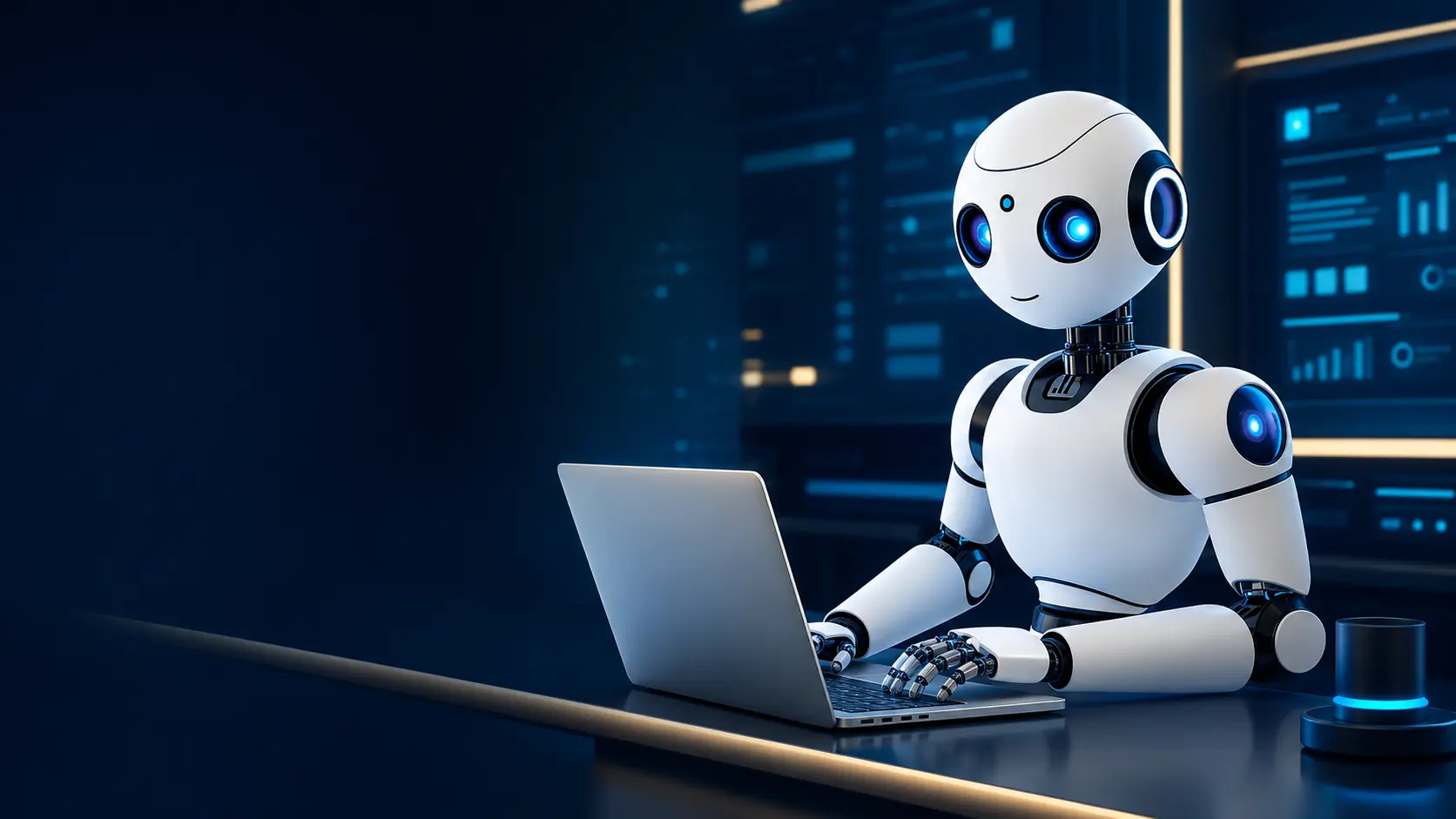A friendly digital support assistant working at a laptop in a modern help center