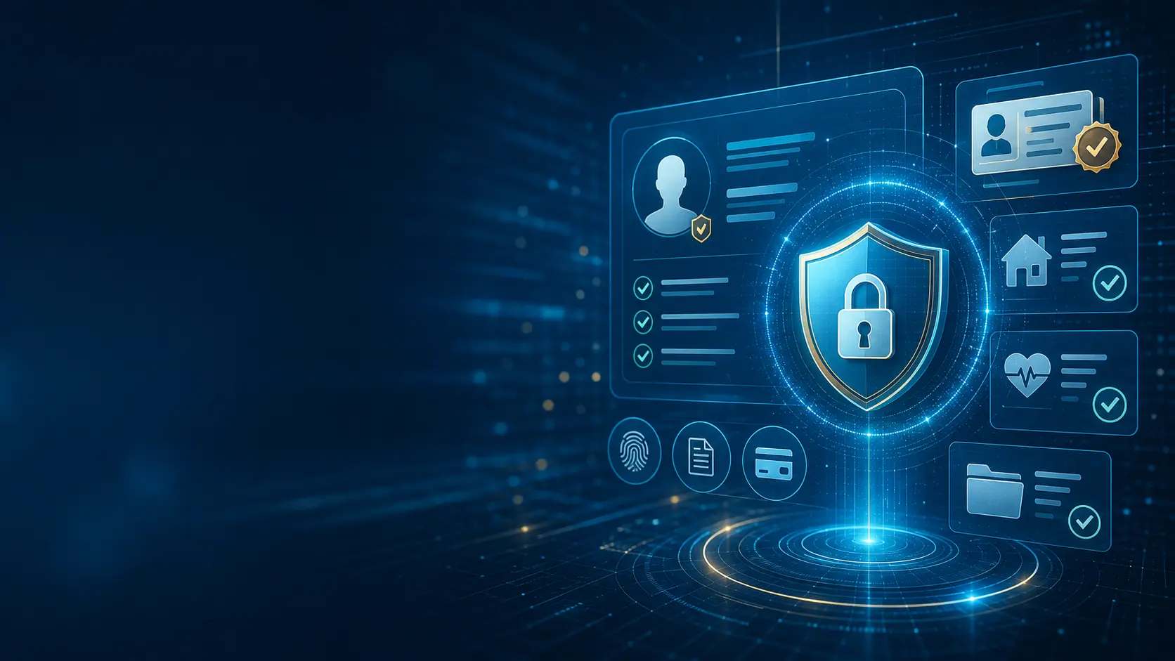 A protected digital identity profile surrounded by verified records and a secure shield