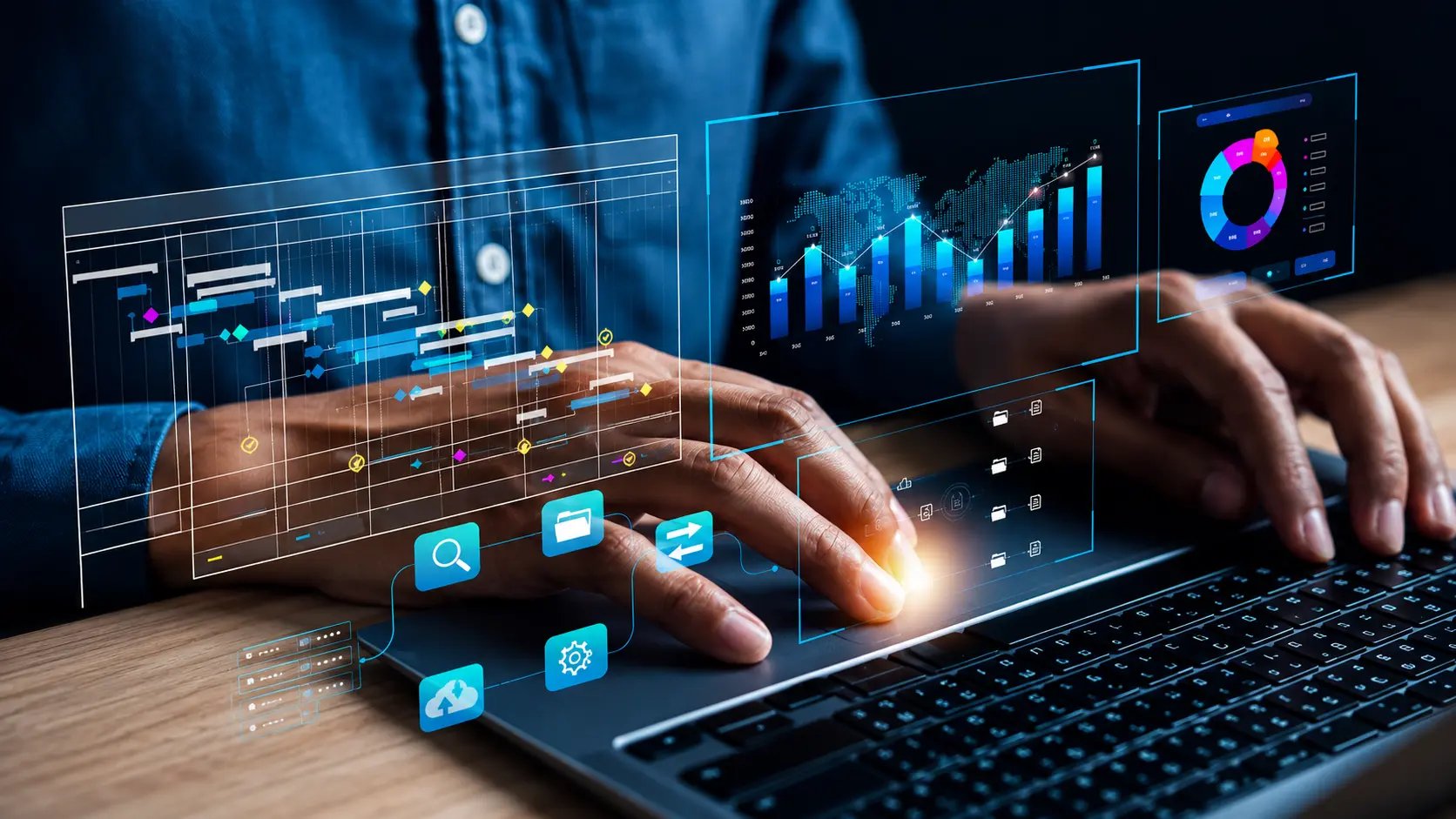A person using a laptop with organized digital tools, timelines, analytics, and document controls
